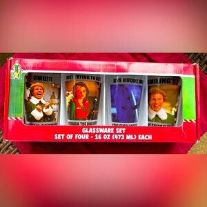 NIB Elf The Movie 16 oz Pint Christmas Glasses Cups. Set Of 4. Holiday